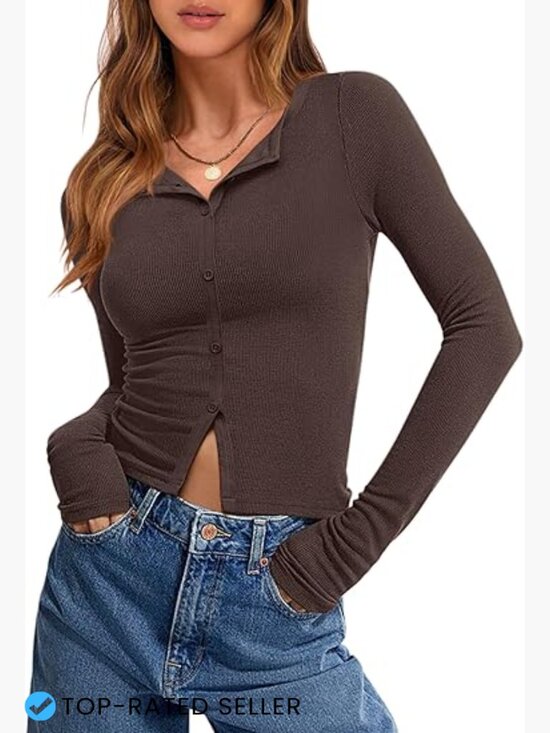 Tops - Long Sleeve Crop Button Down Shirt Slim Fit Ribbed Knit Y2K Casual Top